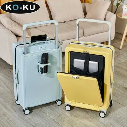 KOKU Multifunctional Suitcase Popup Front Opening Wide Trolley Case 20Inch Boarding Box with USB Port Water Cup Holder Luggage W251028