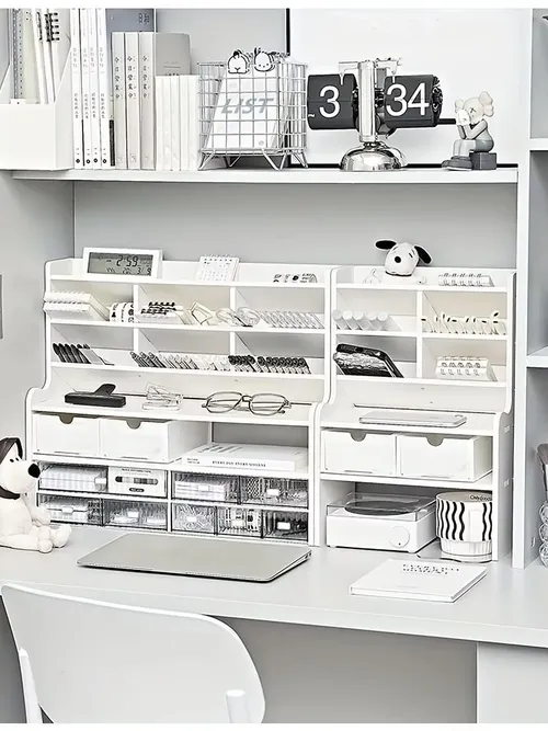 1PC 2-Tier Desk Organizer & Drawer Storage|With Tilt Pen Holder, Raised Bookshelf |Matte White PVC For Stationery, Cosmetics, O