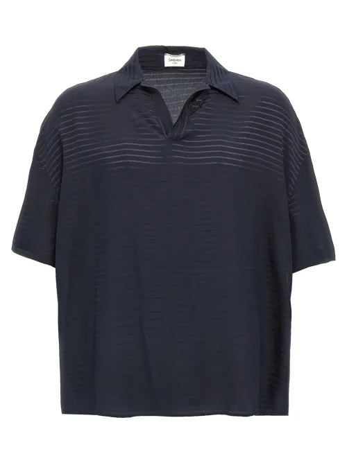 Saint Laurent Striped Silk Polo Shirt — Navy