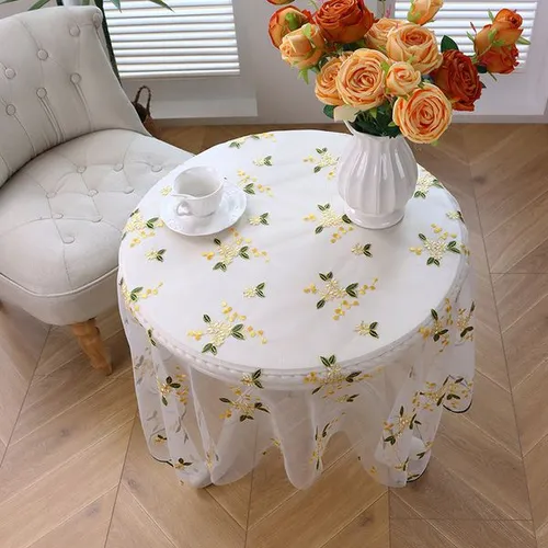 Elegant Lace-Embroidered Tablecloth with Delicate Floral Motif Versatile Decorative Cover for Living Room, Dining Table, and Special Occasions TLA901