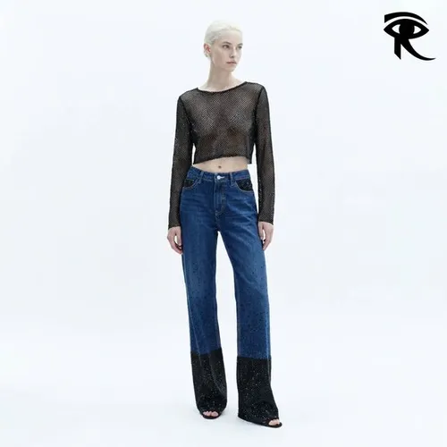 2026 Spring Summer Women Rhinestone Embellished Slimming Straight Leg Jeans European American Niche Style Drapey Sequin Cuff Denim Pants Original Designer Jeans