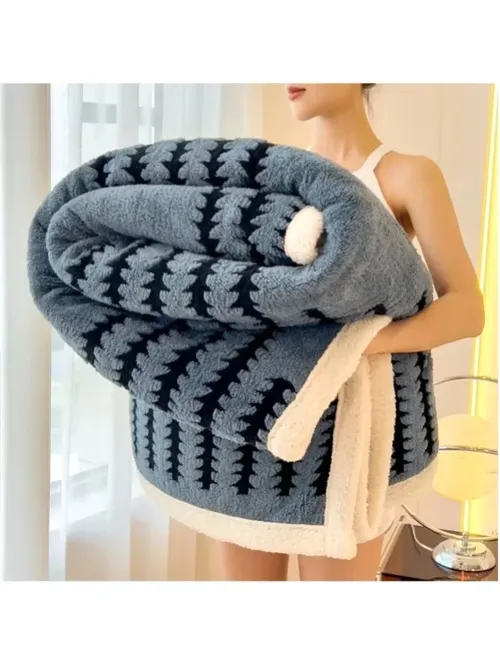 1PC Reversible Fluffy Sherpa Lined Blanket, Ultra Soft Heavyweight Fleece Blanket, Stylish Decorative Warm Blanket for Living Room Apartment