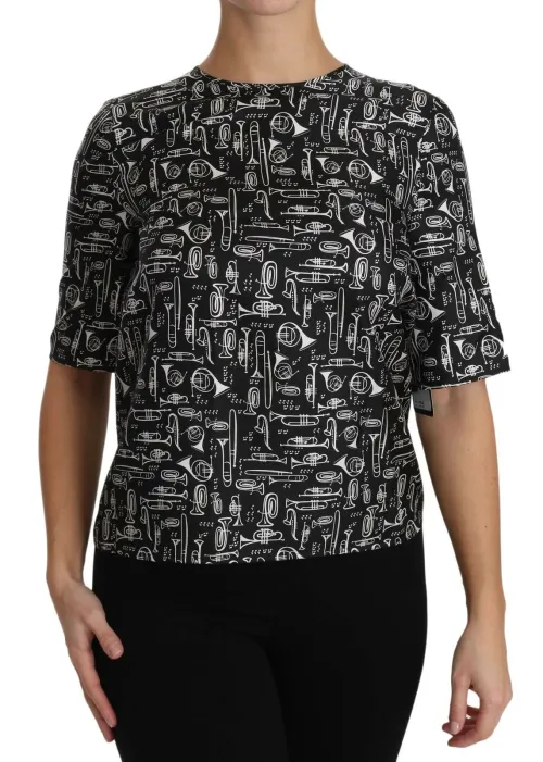 Dolce & Gabbana Musical Instruments Print Silk Blouse — Black
