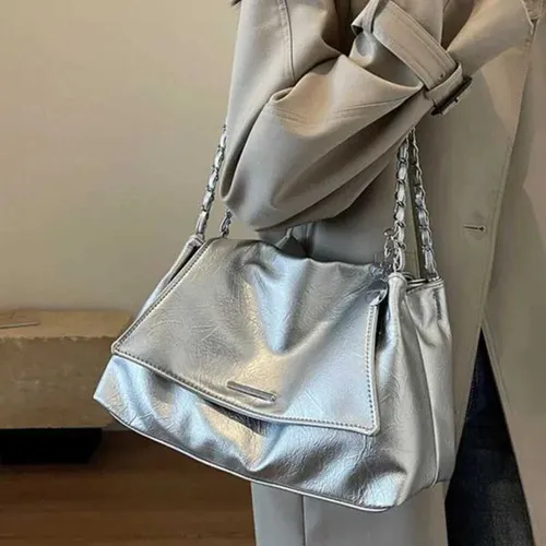Leisure soft surface large capacity womens bag 2025 new popular full matching chain messenger bag popular silver shoulder bagXJ250422