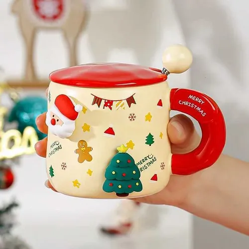 Christmas Themed MUgs with Attachment with Lid Spoon Cute Ceramic Cup for Women Couple Office Cartoon Delicate Design M251206