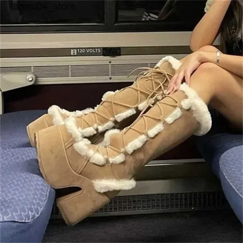 Boots New Winter Women Snow Boots Platform Wedge High Heel Faux Fur Lady Shoes Female Plush Warm Non-slip Mid Calf Boots Goth Shoes H250113
