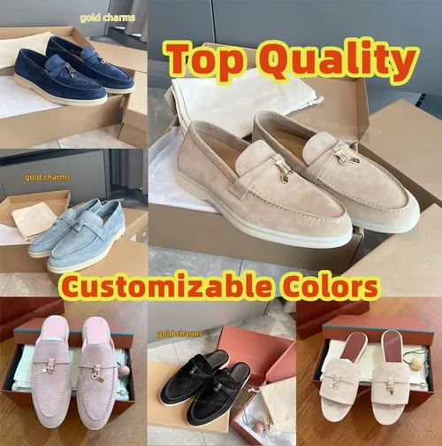 Fashion Men Women Charms Loafers Dress Shoes Real Suede Slippers Sandals Half Slides Macaroon Mules Shoes Leather Slip on Luxury Soft Pantoufles Top Quality