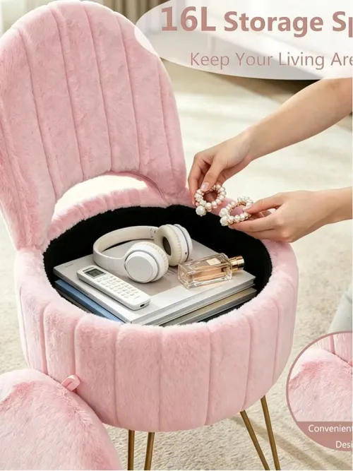 Faux Fur Round Vanity Stool Ottoman with Hidden Storage & Folding Backrest - Upholstered Seat, Gold Metal Legs, Sturdy Metal Frame, Easy Assembly, Space-Saving for Bedroom Dressing Table