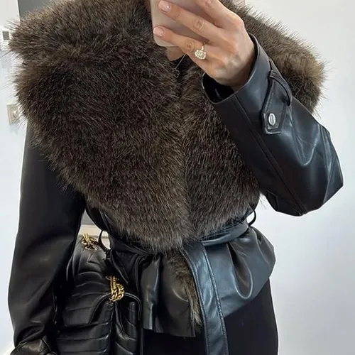 Designer Women Faux Fur Collar Belted Jacket Solid Color V Neck Long Sleeve Short Coat 2025 Winter Elegant Streetwear Outerwear