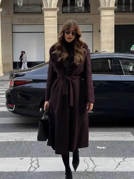 Women Elegant Fur Collar Woolen Overcoat Chic V-neck Full Sleeve Lace Up Loose Long Coats Lady Daily Commute Street OuterwearT251224