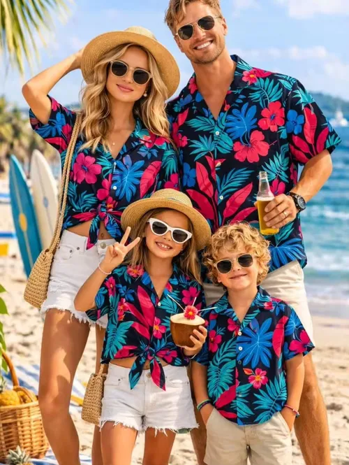 Summer Men's Family Wear Beach Hawaiian Shirt Tropical Summer Style Sandcastle Palm Tree Print Shirt Vacation Gift Child T-Shirt