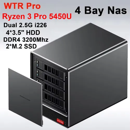 AOOSTAR WTR Pro NAS Mini PC AMD Ryzen 3 Pro 5450U 1*DDR4 Support 3.5" HDD*4 2*M.2 NVMe SSD 2*2.5G LAN Desktop NAS DIY Computer