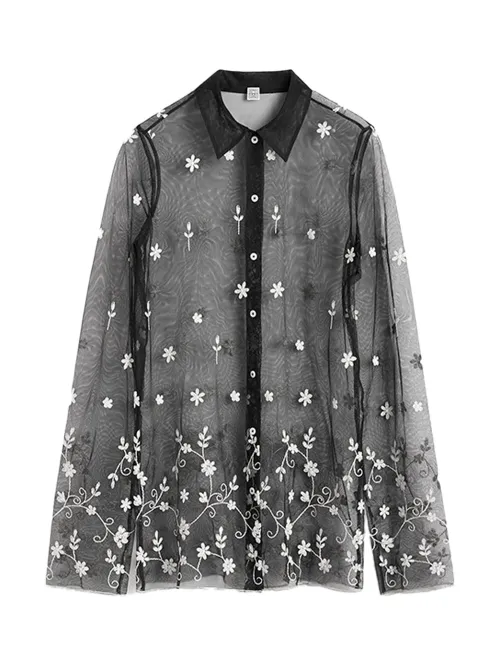 Toteme Embroidered Floral Tulle Blouse — Black