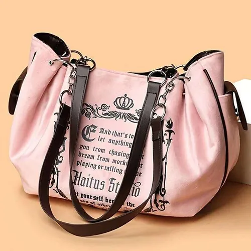 Letter Print Faux Suede Women Handbag Shoulder Bag, Retro Large Capacity Tote for Daily Commuting and Hand-Carry.Pumpkin Bag Z260207