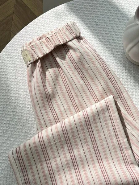 Women's Elegant Casual Striped Wide-Leg Pants - Breathable Polyester Cotton Daily Commute Trousers ---120