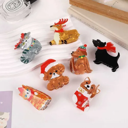 1pc Christmas Animal hair Clip Teddy Corgi Ponytail Clip Golden Retriever Orange Cat Shark ClipChristmas Elk Hair AccessoriesM251127