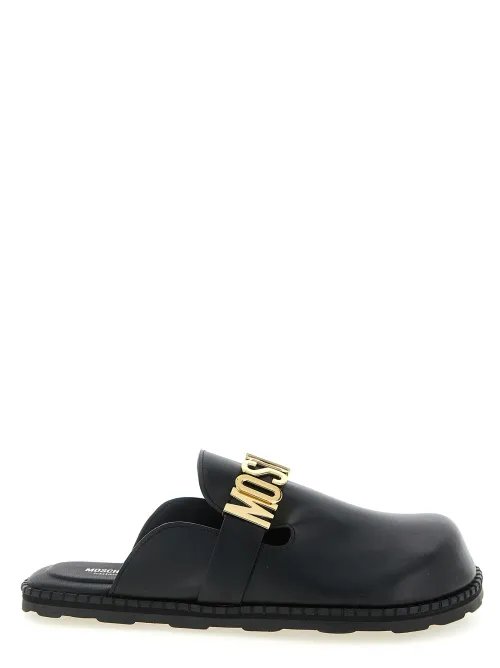 Moschino Calfskin with Moschino Logo Strap Clog — Black
