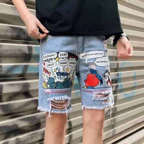 Fashion Mens Casual Shorts Distressed Denim Solid Colour Straight Versatile Shopping Traveling Streetwear 260630