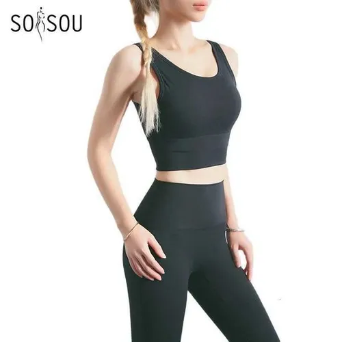 SOISOU 2 Pieces/Set Sports Suits For Women Sportswear Highly Elastic Tight High Waist Womens Suit Solid Color Womens TracksuitT251211