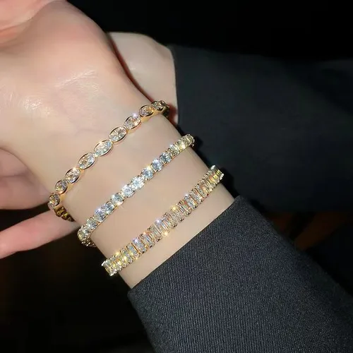New Vintage Bling White Baguette Tennis Bracelets 7 Inch For Women Ladies New Real Gold Plated Iced Out Round Square CZ Stone Cubic Zirconia Hip Hop Jewelry