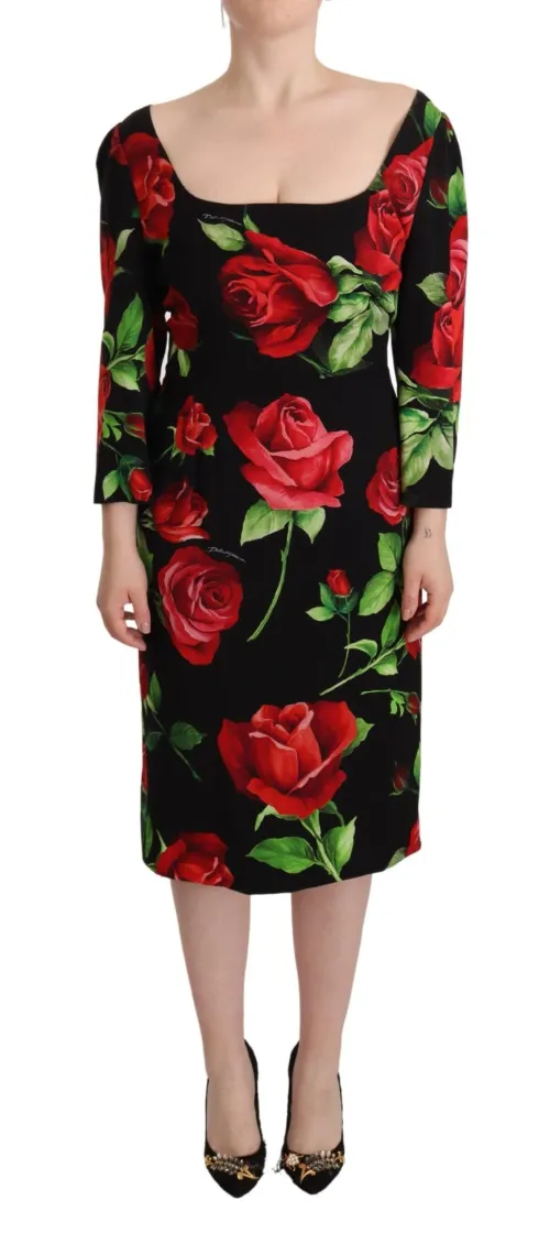 Dolce & Gabbana Red Rose Floral Silk Dress — Black