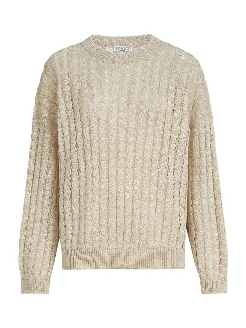 Brunello Cucinelli Cable Knit Linen Sweater — Beige