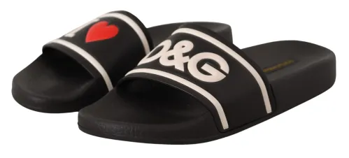 Dolce & Gabbana Leather Logo Slide Sandals — Black