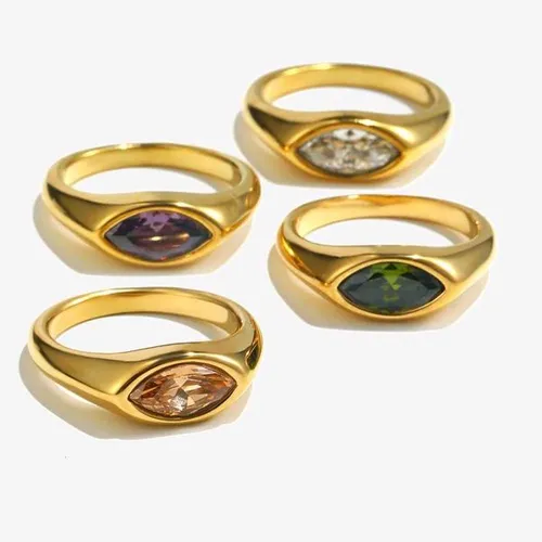 EBbelle Horse Eye Zircon Seal Ring Colorful Hypoallergenic 316L Stainless Steel Decoration 18K Gold Plated JewelryXJ251031