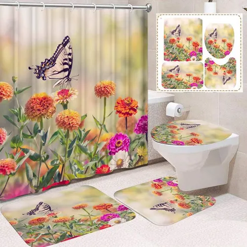 YL-38460 Home Decor Pink Butterfly and Flower Waterproof Shower Curtain Set (4 Pieces)