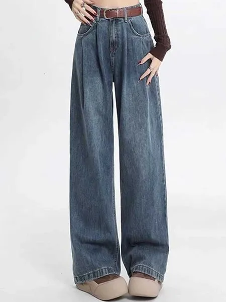 Woman High Waist Straight Leg Jeans Lady Loose Denim Wide Leg Pants Girls Korean Khaki Retro Blue Light Blue Gray White TrousersT251205