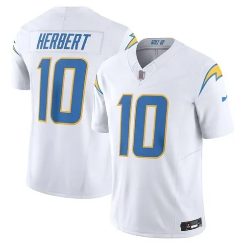 Full Embroidery Tackle Twill Vapor F.U.S.E. White Football Jersey - 10 Justin Herbert 15 Ladd McConkey 3 Derwin James Jr. 13 Keenan Allen - Men Women Youth S-XXXL