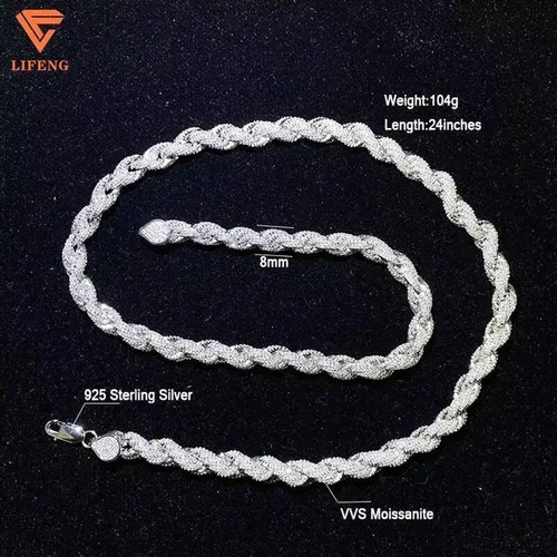 Lifeng Preppy 24in White Gold Plated 925 Sterling Silver Cuban Chain Necklace, VVS Moissanite Iced Out Pendant, Men's Iced Out Jewelry, 104g