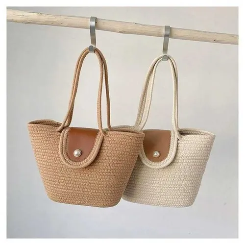 Fashion womens woven handbag INS trend large capacity cotton rope handbag casual pearl bottom bagXJ250425
