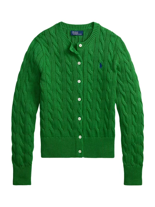 Ralph Lauren Cable-Knit Crewneck Cardigan — Green