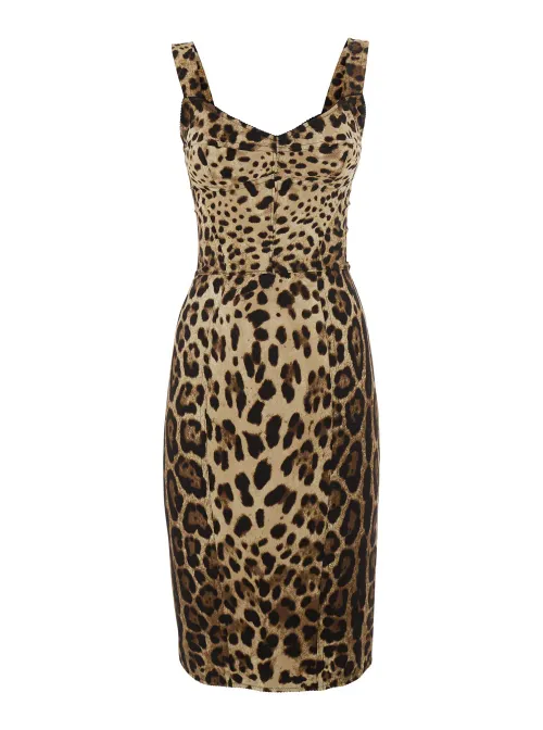 Dolce & Gabbana Leopard-Print Stretch Silk Blend Midi Dress — Brown