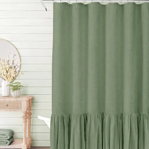 YL-38346 Bathroom Partition Curtain with Lace Trim, Plain Color Patchwork Skirt Hem, Cotton Linen Waterproof Ruffle Edge Linen