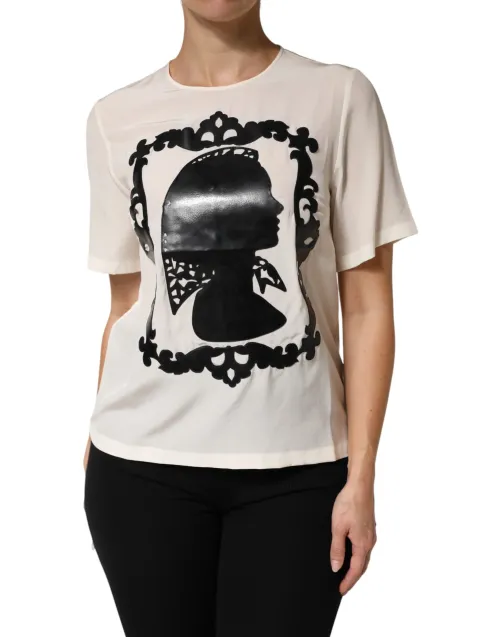 Dolce & Gabbana Silhouette-Print Silk Blouse — Beige
