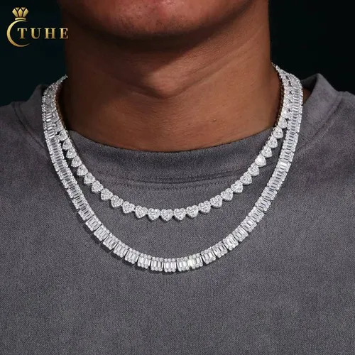 Luxury 8mm 925 Sterling Silver Emerald Cut VVS Baguette Moissanite Diamond Iced Out Cube Tennis Chain Necklace for Men