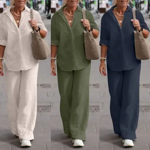 Elegant Womens Suits Female Cotton Linen Solid Shirt Two Piece Set For Women Long Sleeve Top Wide Leg Pants Set Casual Outfits 250811