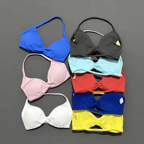 Women's Sexy Bikini Style Seamless Halter Open Back Sports Bra Spaghetti Straps Push Up for Yoga Gym