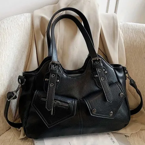 Retro simple solid color fashion trend large capacity tote bag niche design personality zipper decoration shoulder bagXJ250918