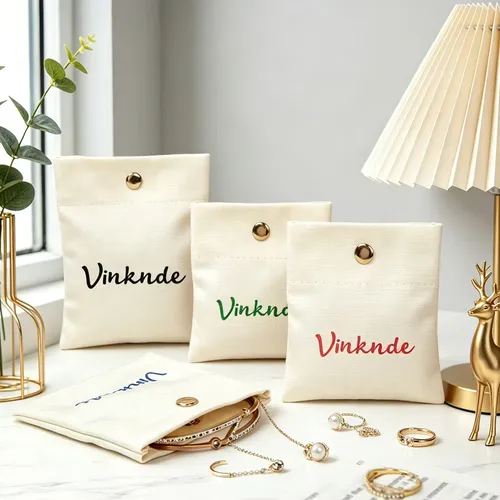 50Pcs Personalized Logo Beige Green Natural Thick Cotton Jewelry Button Bag Wedding Gift Earring Ring Necklace Organizer Pouches