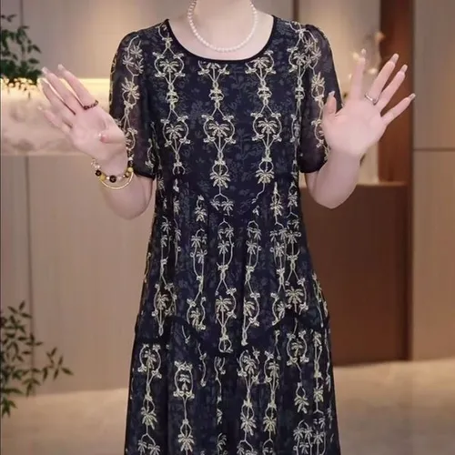 plus size women's new long sleeve high waist printed banquet dress mid-length skirt D02418