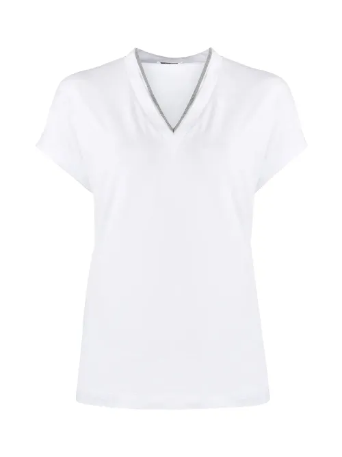 Brunello Cucinelli Silvery-Trim V-Neck T-Shirt — White