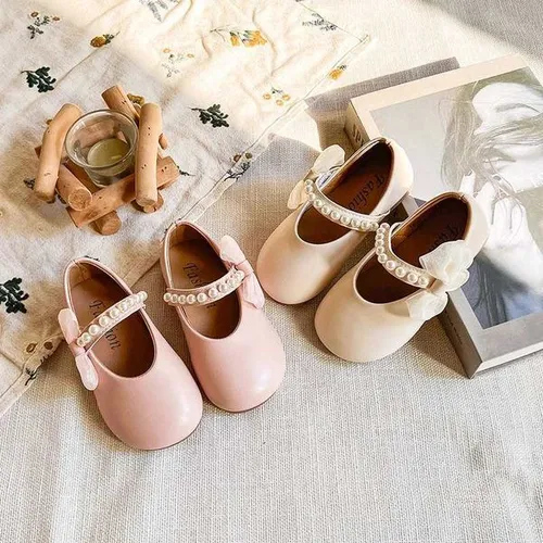 Spring Girls Princess Shoes Bowknot Pearl Hook-loop Sweet Kids Flat Shoe Solid Colors Anti-slip Daily Chic Children Shoe 4-6YT260314