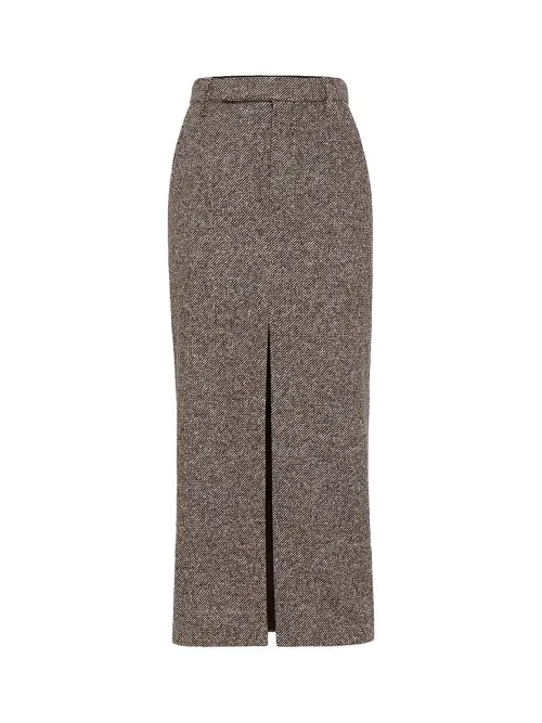 Brunello Cucinelli Virgin Wool & Silk Blend Pencil Skirt — Brown