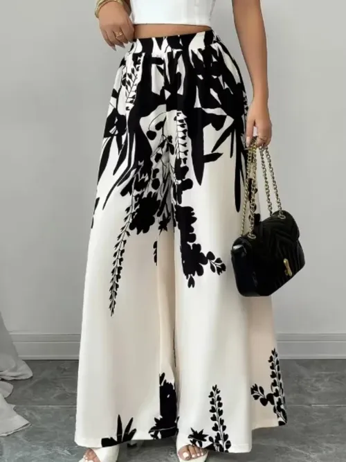 Women Black Ink Floral Print Wide Leg Pants Elastic High Waist Silky Satin Palazzo Trousers Summer Vacation Casual Loose Long Pants Beach Bottoms Vestidos