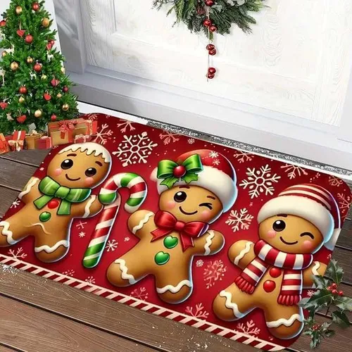1pc Welcome Mat Bathroom Kitchen Mat with Cute Gingerbread-like Characters Red Non-Woven Floor Mat for Home Christmas DecorationM251117