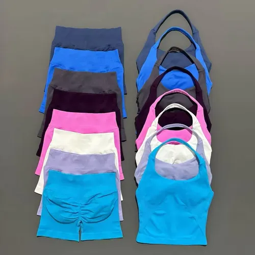 2 Pieces Shorts Yoga Set Women Backless Halter Tops High Waist Seamless Shorts Gym Suit Fitness Sportswear Workout Sets