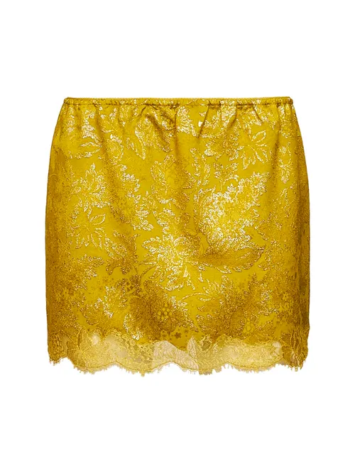 Saint Laurent Metallic Floral Jacquard Lace Mini Skirt — Yellow